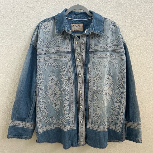 We The Free Denim Blue Patterned Button Down Shirt - Picture 4 of 13